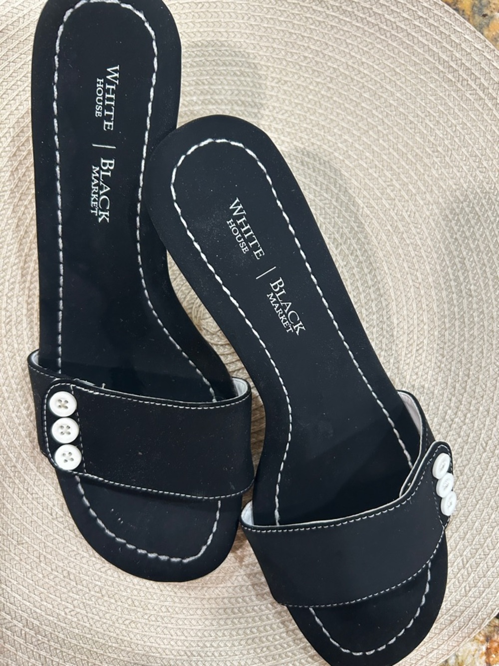 White House Black Market Black Slide Mules with White Button Accents